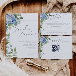 Pacchetto invito matrimonio ortensia QR, pacchetto invito stampabile, pacchetto cancelleria, Canva modificabile, dettaglio RSVP formale, floreale blu polveroso, Bliss
