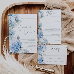 Pacchetto invito matrimonio ortensia QR, pacchetto invito stampabile, pacchetto cancelleria, Canva modificabile, dettaglio RSVP formale, floreale blu polveroso, Bliss