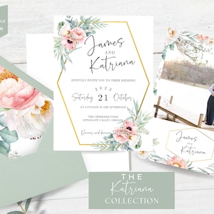 Sage Green and Blush Wedding Invitations, Greenery, Floral Hexagon Invite, Boho, Matching Envelope Liner, Editable Canva Template, Printable