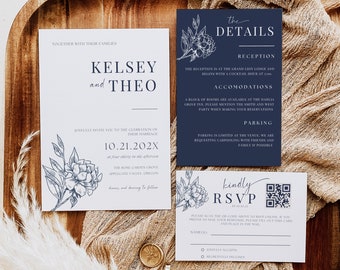 Puede incluir: Una invitación de boda blanca con un diseño floral y el texto "Kelsey y Theo" en fuente azul marino. La invitación detalla la fecha, la hora y el lugar de la ceremonia y la recepción de la boda. También se incluye una tarjeta RSVP azul con un código QR.
