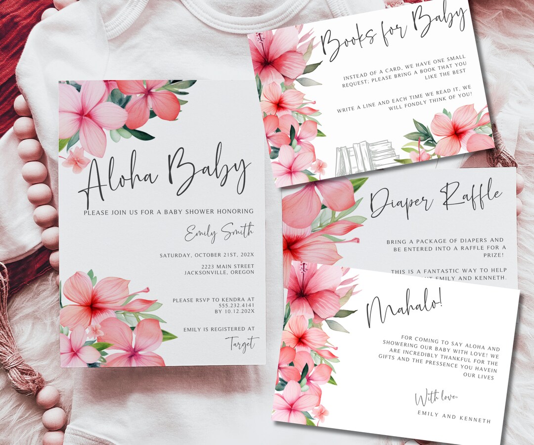 Aloha Baby Shower Invitation Bundle, Pink Baby Shower, Editable ...