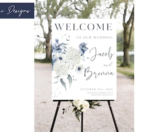 Dusty Blue Floral Wedding Welcome Sign: Modern Script (Digital Download)