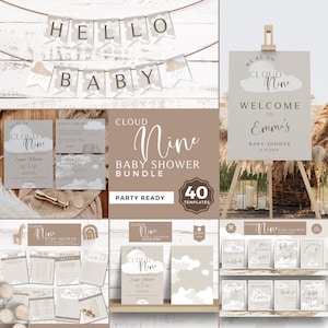 Cloud Nine Baby Shower Bundle, We&#39;re on Cloud 9, Shower Game, Printable Signs, Invitation, Diaper Raffle, Welcome Sign, Editable, Neutral