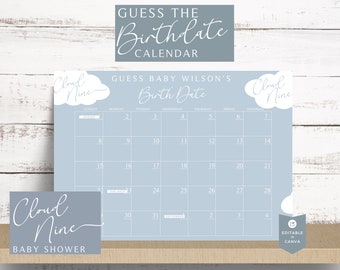 Könnte beinhalten: Eine blaue und weiße druckbare Babyparty-Spielkarte mit dem Text "Errate den Geburtstagskalender" und "Errate Baby Wilsons Geburtsdatum". Die Karte zeigt einen Kalender mit den Wochentagen und den Zahlen 1 bis 31. Die Karte enthält auch den Text "Cloud Nine" in einer Wolkenform.