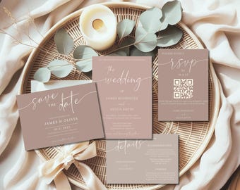 Matching Save the Date and Wedding invitation BUNDLE, Minimalist Wedding Save the Date Invitations, Blush, Pink, Neutral, editable in Canva