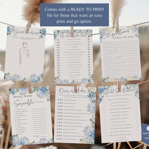 Hydrangea Bridal Shower Games, Dusty Blue Floral Shower, Wedding Shower Games Bundle, Would She Rather, PRINTABLE Games, EDITABLE in Canva image 2