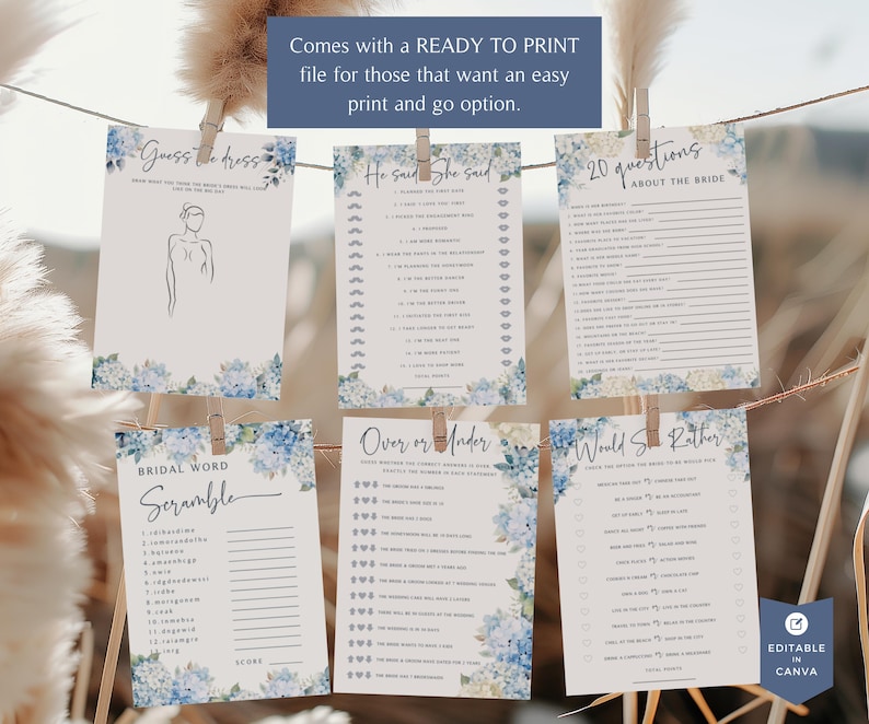 Hydrangea Bridal Shower Games, Dusty Blue Floral Shower, Wedding Shower Games Bundle, Would She Rather, PRINTABLE Games, EDITABLE in Canva image 2