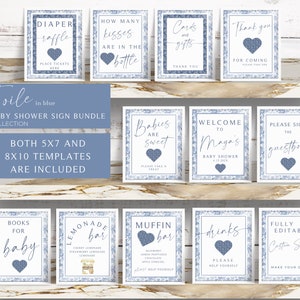 Toile Baby Shower Sign Bundle, Blue Toile Welcome Baby Shower, Editable, Printable, Toile De Jouy, Diaper Raffle, Baby Shower Decor, Drinks