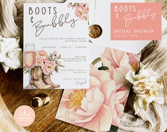Boots and Bubbly Bridal Shower Invite, Editable Invitation, Canva Template, Brunch Bridal Shower Invite, Western Bridal, Cowgirl Boots