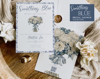 Blue Toile Bridal Shower Invitation: Editable Template (Canva)
