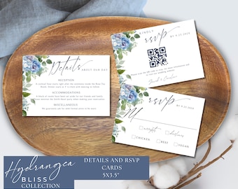 Hydrangea Wedding Details & RSVP Card Template (Canva Editable, Printable)