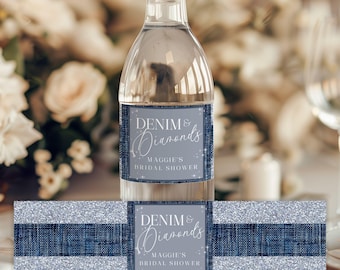 Denim and Diamonds, Water Bottle Label, Bridal Shower Favor, Glitzy Shower, Editable Printable TEMPLATE, Canva