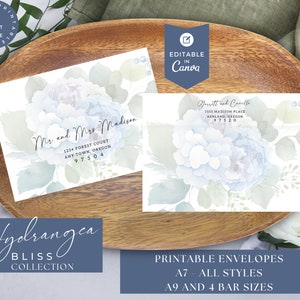 Hydrangea Printed Envelope Template, A7 and A7 Euroflap Square A9, 4 Bar, Printable and editable Canva, Wedding Envelope, Hydrangea, Floral