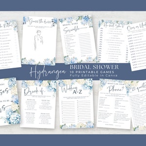 Hydrangea Bridal Shower Games, Dusty Blue Floral Shower, Wedding Shower Games Bundle, Would She Rather, PRINTABLE Games, EDITABLE in Canva