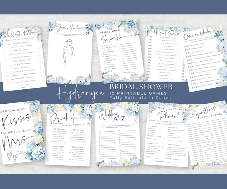 Hydrangea Bridal Shower Games, Dusty Blue Floral Shower, Wedding Shower Games Bundle, Would She Rather, PRINTABLE Games, EDITABLE in Canva image 3