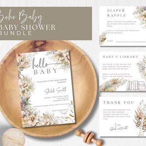 Boho Baby Shower Invite Bundle Canva, Boho Baby Shower, Shower einladen, bearbeitbare Canva Vorlage, Sofort Download, Neutral, Pampas Grass