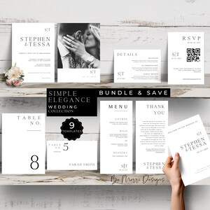 Elegantes Hochzeit Bundle Canva, Monogramm, bearbeitbar, druckbar, einladen, Menü, Tischnummer, Details, RSVP QR, Tischkarte, gefaltetes Programm, weiß