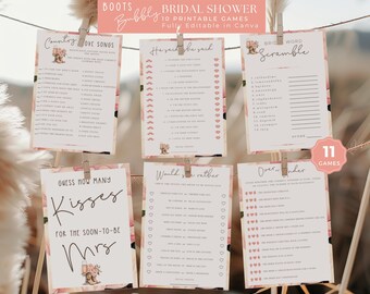 Boots and Bubbly Wedding Shower Game Bundle, Western Bridal, Country Bridal, Bridal Games, Would She Rather, PRINTABLE Games, EDITABLE Canva