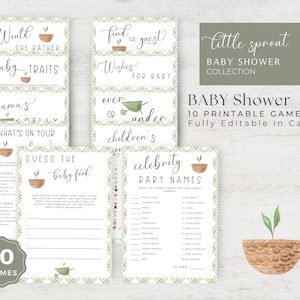 Little Sprout Baby-Dusche-Spiele, Lokal gewachsene Dusche, lustige Baby-Dusche-Spiele, Baby-Persilien, Errate das Essen, druckbar, bearbeitbar, bearbeiten Canva