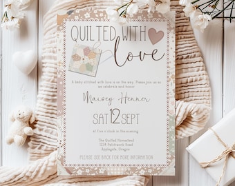 Quilted with Love Baby Shower Invitation | Sewing Baby Shower | Cottagecore | Patchwork Quilt Invite | Editable Template | Sewn with Love