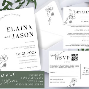 Wildflower Wedding Invitation Bundle, Printable Stationery Template, RSVP QR and Details, Envelope Liners, Canva Template, Simple Wildflower