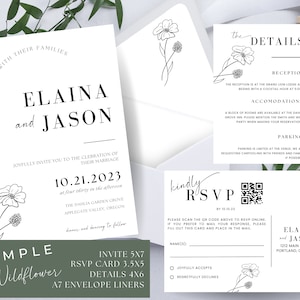 Wildblumen Hochzeit Einladung Bundle, druckbare Briefpapier Vorlage, RSVP QR und Details, Umschlag Liner, Canva Vorlage, einfache Wildblume