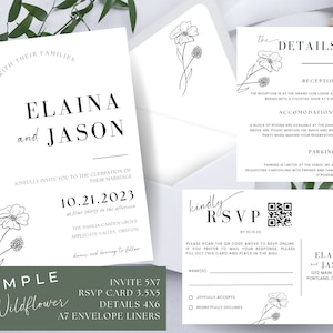 Wildflower Wedding Invitation Bundle, Printable Stationery Template, RSVP QR and Details, Envelope Liners, Canva Template, Simple Wildflower