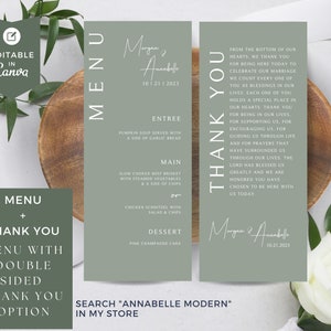 Menu de mariage et merci, mariage moderne, merci, sauge, menu imprimable, mise en place merci, téléchargement modifiable, ANNABELLE MODERN