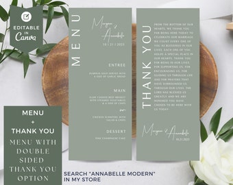 Wedding Menu and Thank You, Modern Wedding, Thank You, SAGE, Printable Menu, Place Setting Thank You, Editable Download, ANNABELLE MODERN