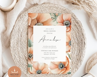 Love in Bloom Bridal Shower Invitation, Poppy, Peach and Orange Floral Bridal Shower, Editable in Canva, Spring