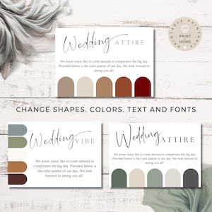 K&ouml;nnte beinhalten: Druckbare Karten f&uuml;r die Hochzeitskleidung mit Farbpaletten. Die Karten zeigen den Text "Wedding Attire" und "Wedding Vibe" mit einer Farbpalette aus Braun, Rot und Beige auf der einen Karte und Gr&uuml;n, Braun und Beige auf der anderen Karte.