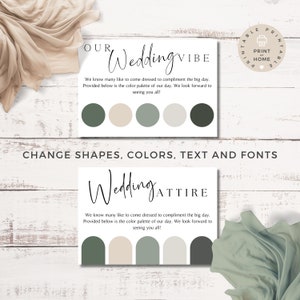 Pu&ograve; includere: Invito di nozze stampabile con una tavolozza di colori verde, beige e nero. Il testo recita "Our Wedding Vibe" e "Change Shapes, Colors, Text and Fonts".