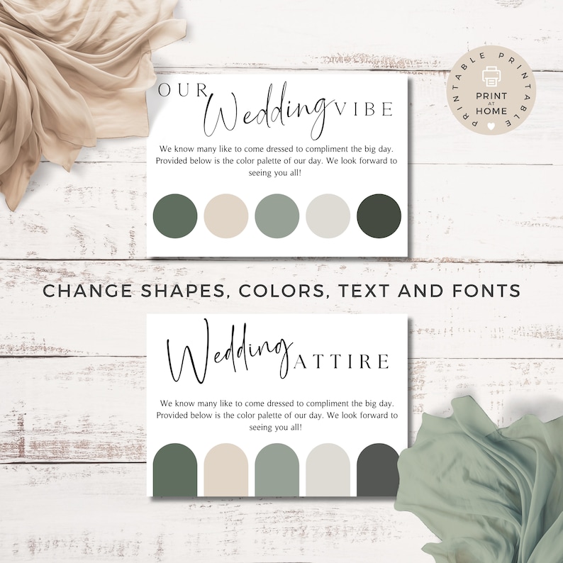 Pu&ograve; includere: Invito di nozze stampabile con una tavolozza di colori verde, beige e nero. Il testo recita "Our Wedding Vibe" e "Change Shapes, Colors, Text and Fonts".
