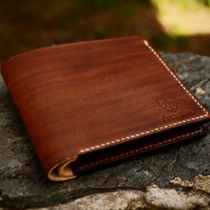 Handgemaakte leren portemonnee met twee vouwen, plantaardig gelooid leer, handgestikte leren portemonnee, cadeau voor mannen, volnerf leer