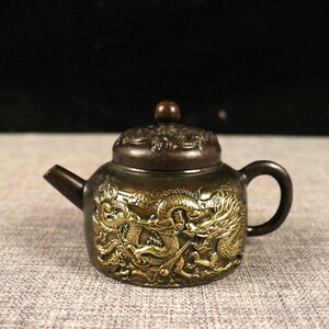 Vintage Brass Carved Dragon Phoenix Teapot/ Coffeepot. Home Decoration