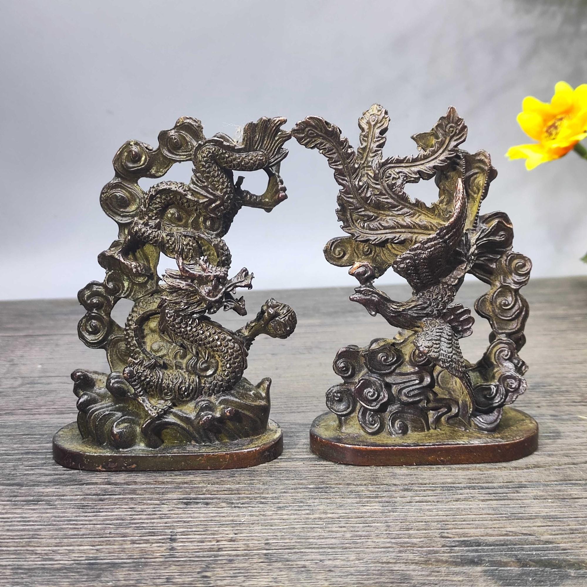 ヴィンテージブロンズ彫刻の龍鳳凰像 - ホームデコレーション - Etsy 日本