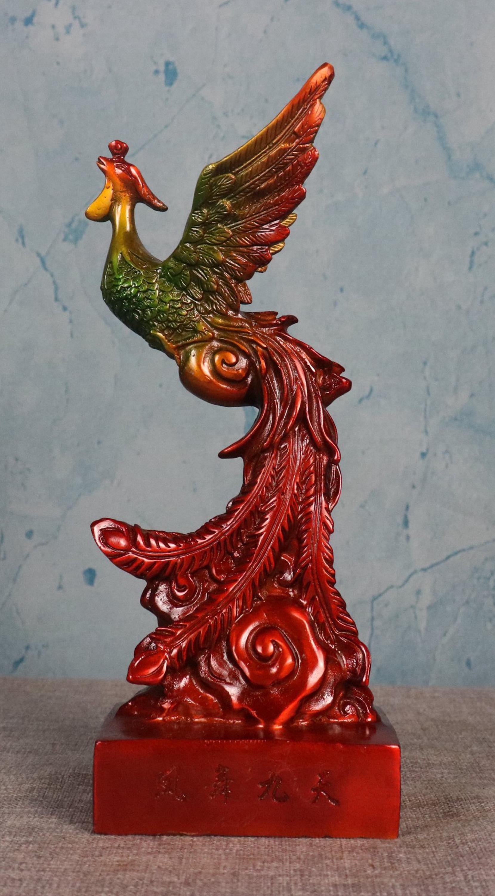 Vintage Brass Carved Painted Phoenix Statue, Home Decoration
