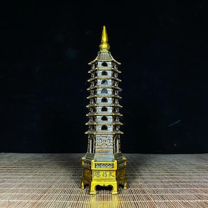 Vintage Brass-gilded Carved Nine-story Wenchang Tower Statue. Home Decoration & Feng Shui Statue