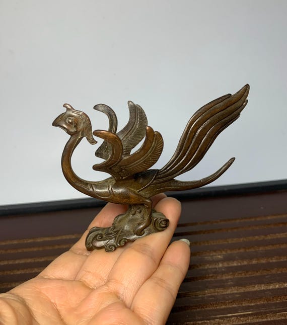 古銅 鳳凰三足香炉 花入セット Bronze Phoenix Vintage Solid Bronze Carved Phoenix Statue. Home Decoration & Feng Shui