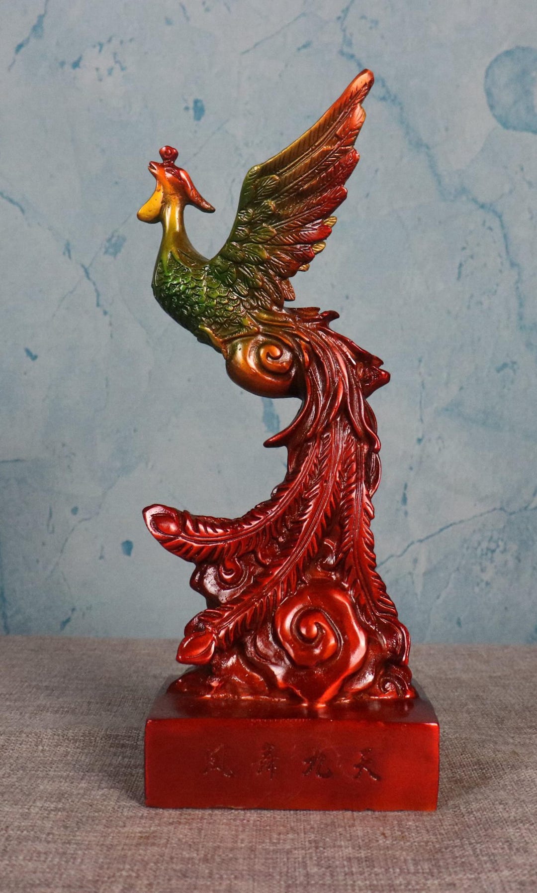 Vintage Brass Carved Painted Phoenix Statue, Home Decoration