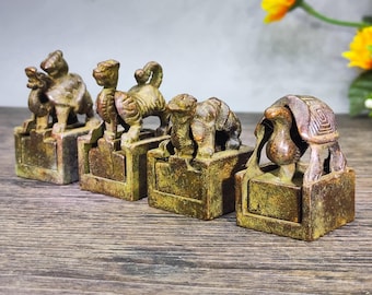 Vintage Bronze Four Sacred Beasts Seal: Feng Shui Tea Pet Statue