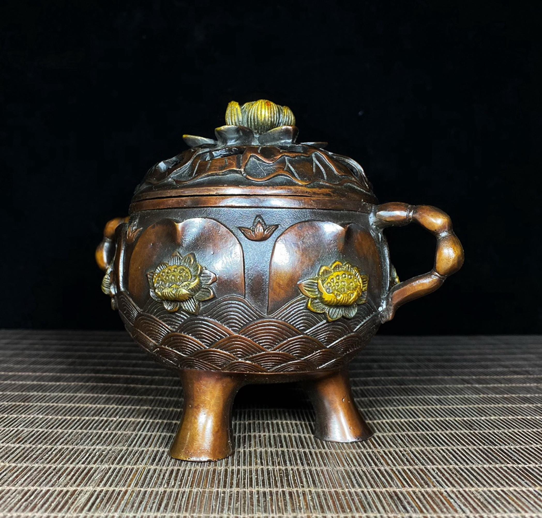 Vintage Brass-gilded Carved Lotus Incense Burner, Home Decoration