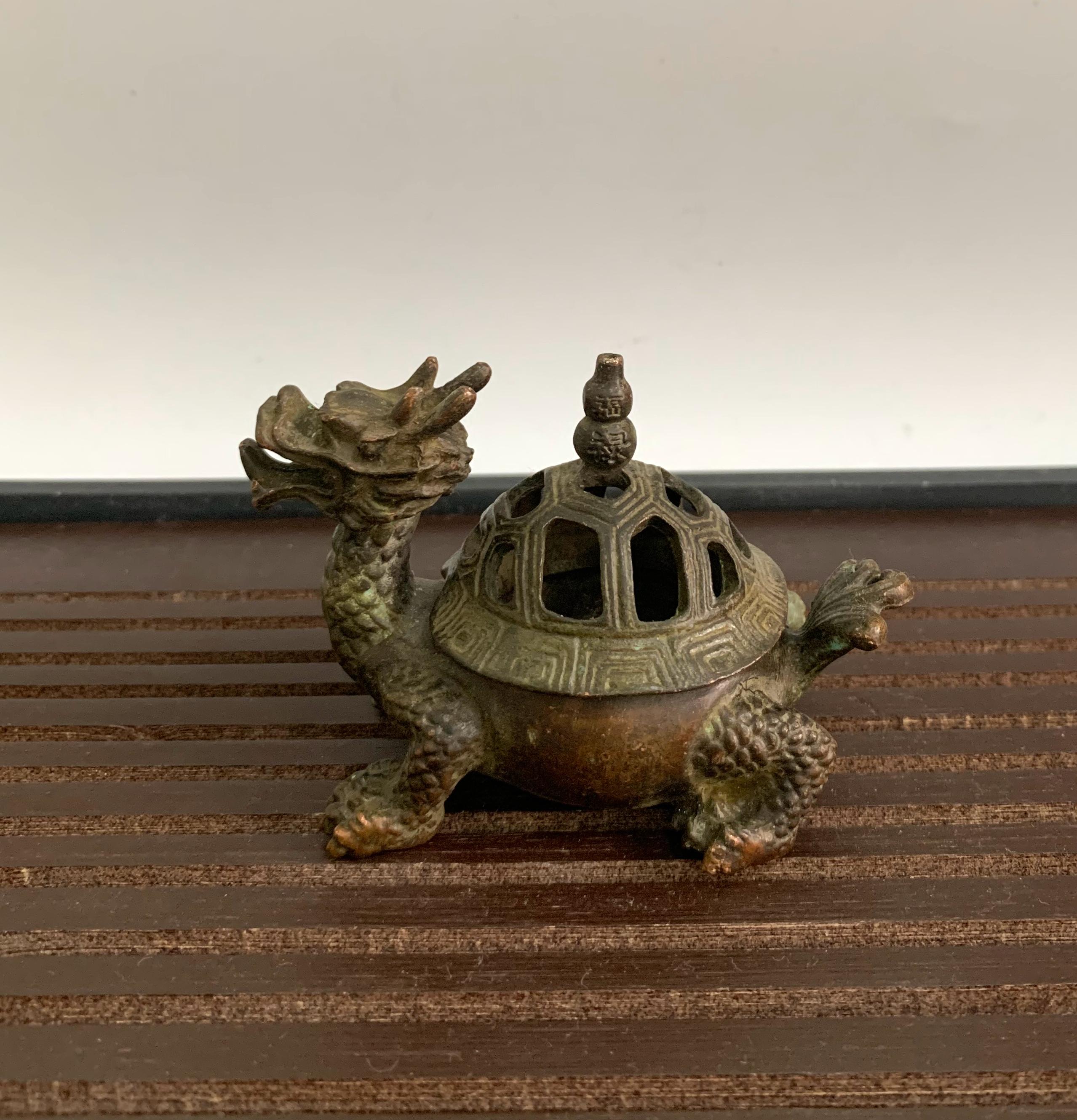 Exquisite Bronze Carved Dragon Turtle Incense Burner, Home