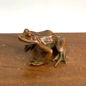 Könnte beinhalten: Eine Bronzeskulptur einer Kröte mit einer strukturierten Oberfläche. Die Kröte sitzt auf einer Holzoberfläche.