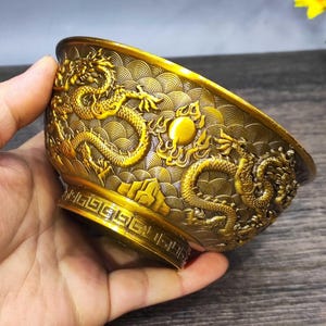 Vintage brass hand carved dragon bowl. home decoration, vintage statue