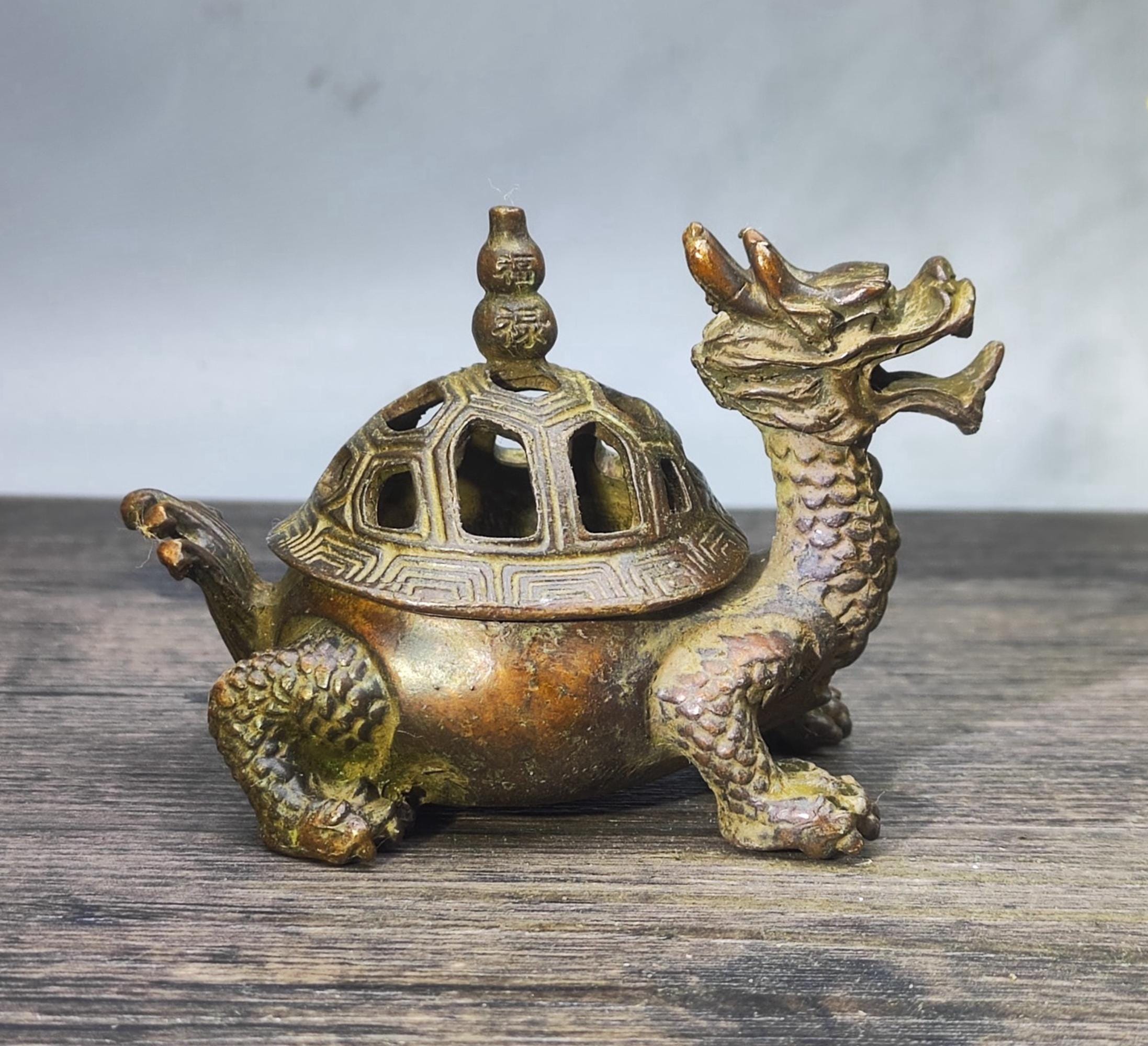 Vintage Bronze Carved Dragon Turtle Incense Burner, Home