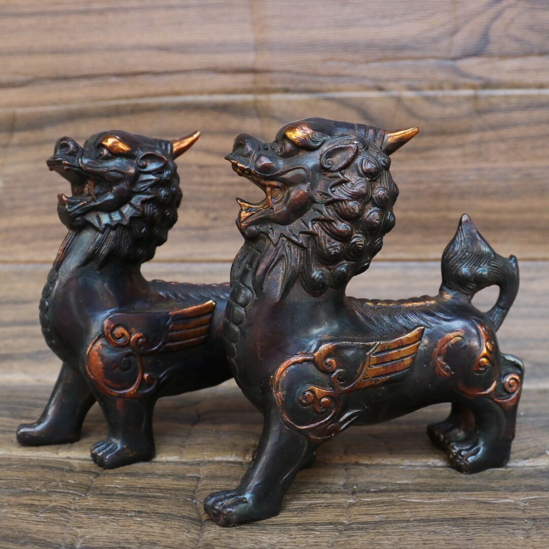 A Pair Vintage Brass Carved Pixiu Statue. Home Decoration & Feng Shui ...