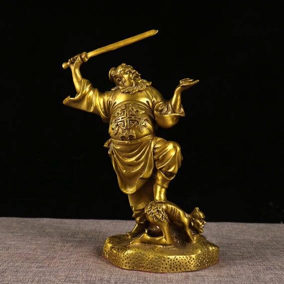 Vintage Brass Zhong Kui Statue, Carved Daoist Statue, Feng Shui