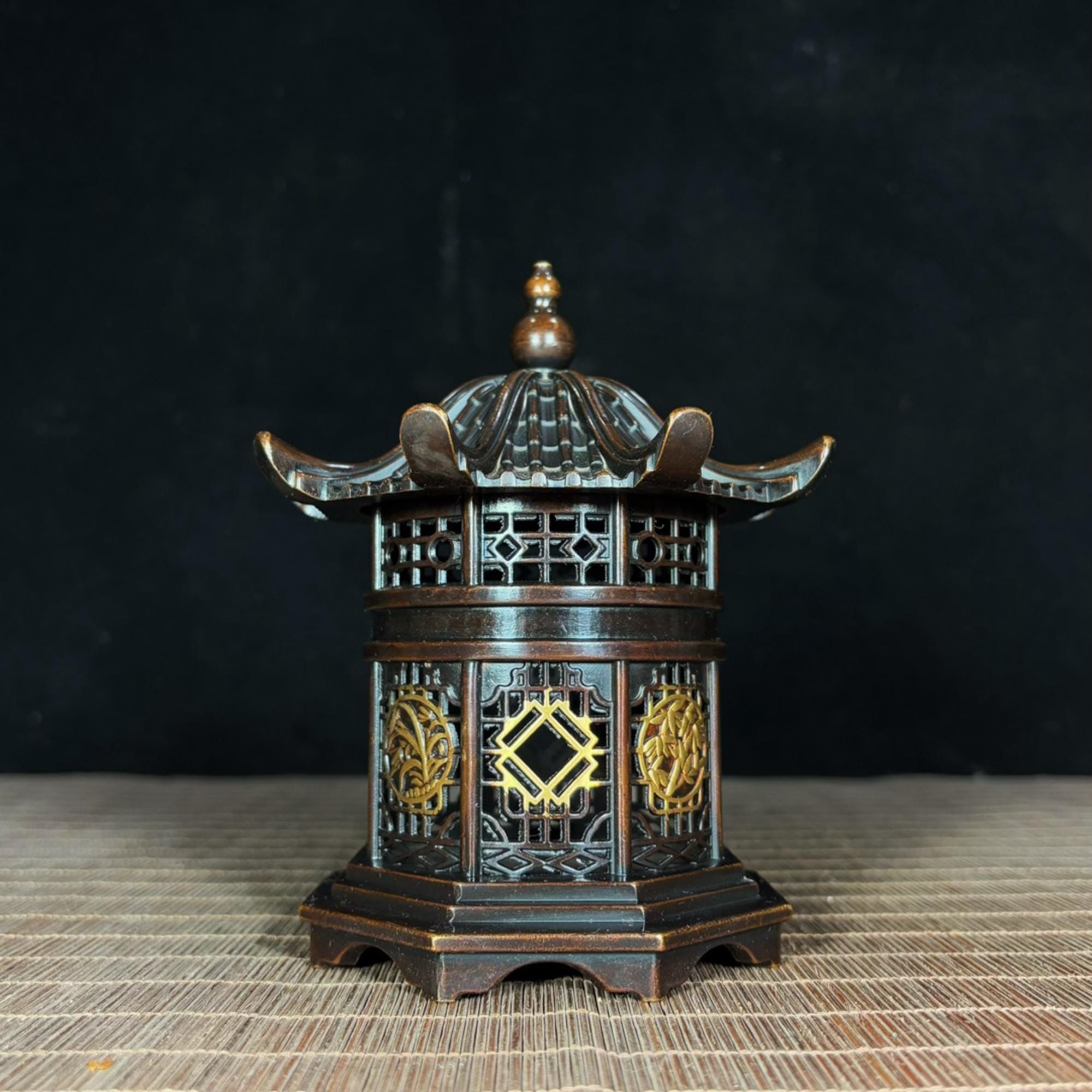 ヴィンテージ真鍮彫刻パビリオン香炉、ホームデコレーション＆風水像