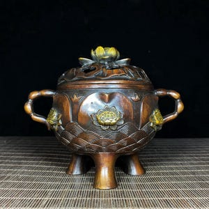 Vintage Brass-gilded Carved Lotus Incense Burner, Home Decoration & Feng Shui Statue